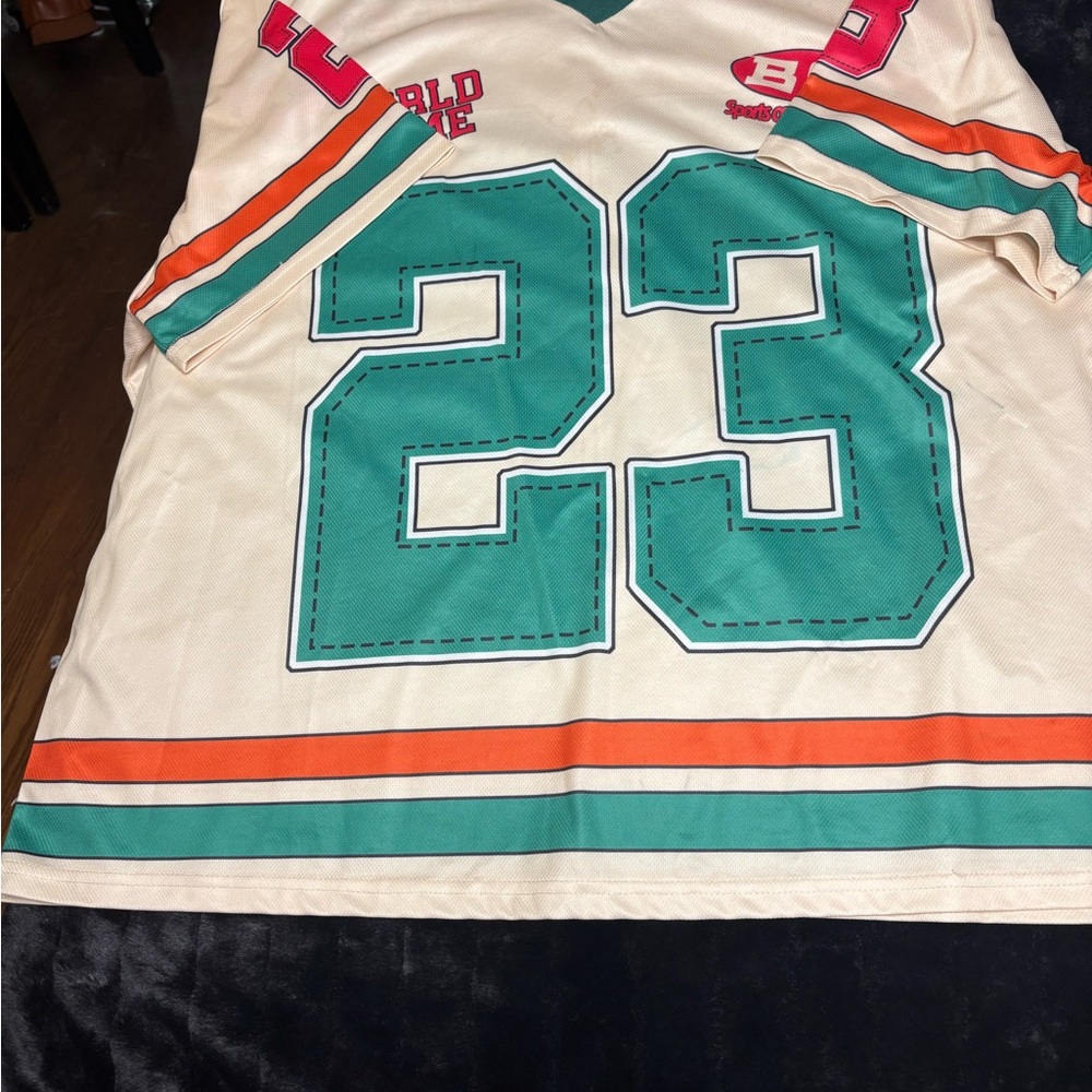 Fashion Nova Cream Jersey with Teal & Orange Accents - #23
